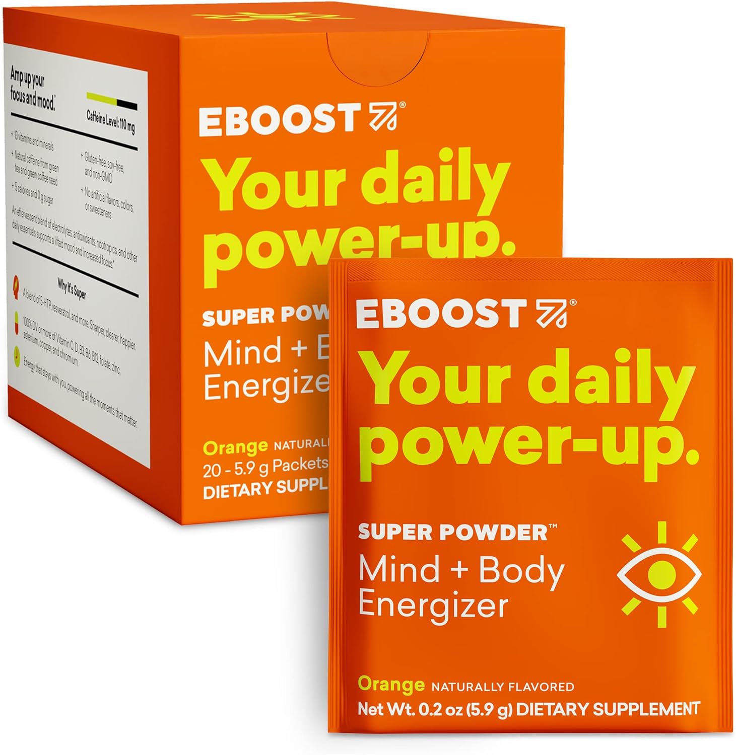 EBOOST Energy Drink & Electrolyte Powder, 20 Packets - Super Powder Orange with No Added Sugar - Essential Blend of Vitamins, Nootropics & Natural Caffeine and Hydration - Pre & Post Workout