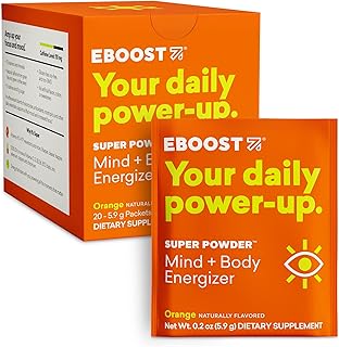 EBOOST Energy Drink & Electrolyte Powder, 20 Packets - Super Powder Orange with No Added Sugar - Essential Blend of Vitamins, Nootropics & Natural Caffeine and Hydration - Pre & Post Workout