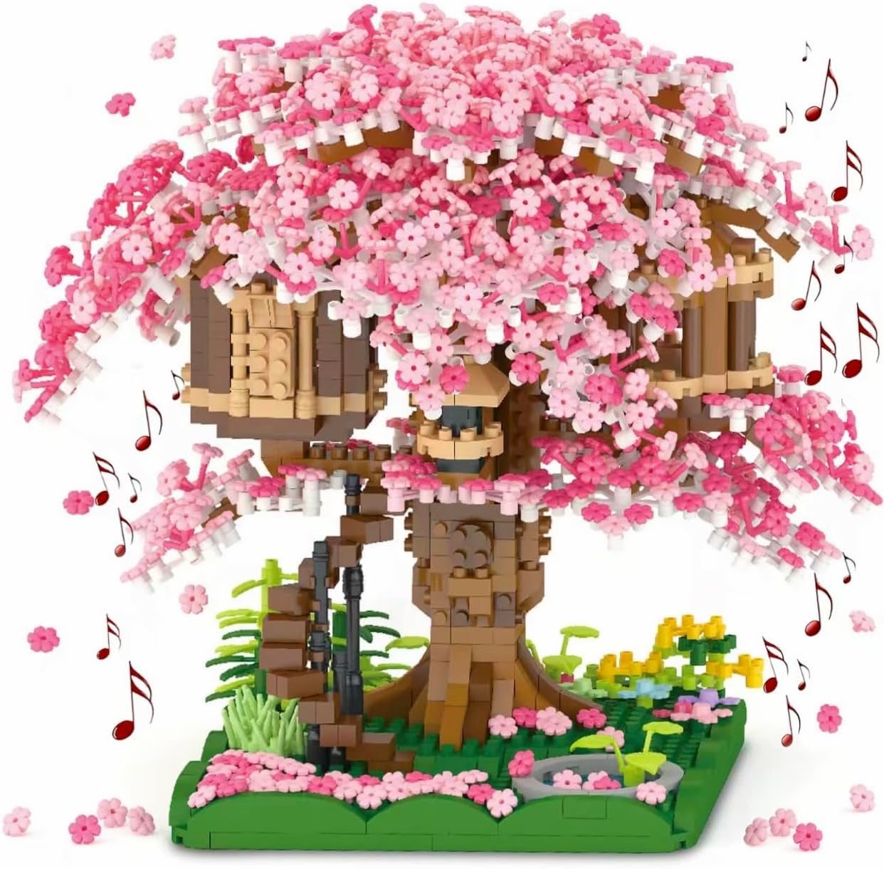 Flower Bouquet Building Kit, Red Rose Flowers Building Blocks Sets 520 Pcs Mini Bricks (Pink Cherry Tree)