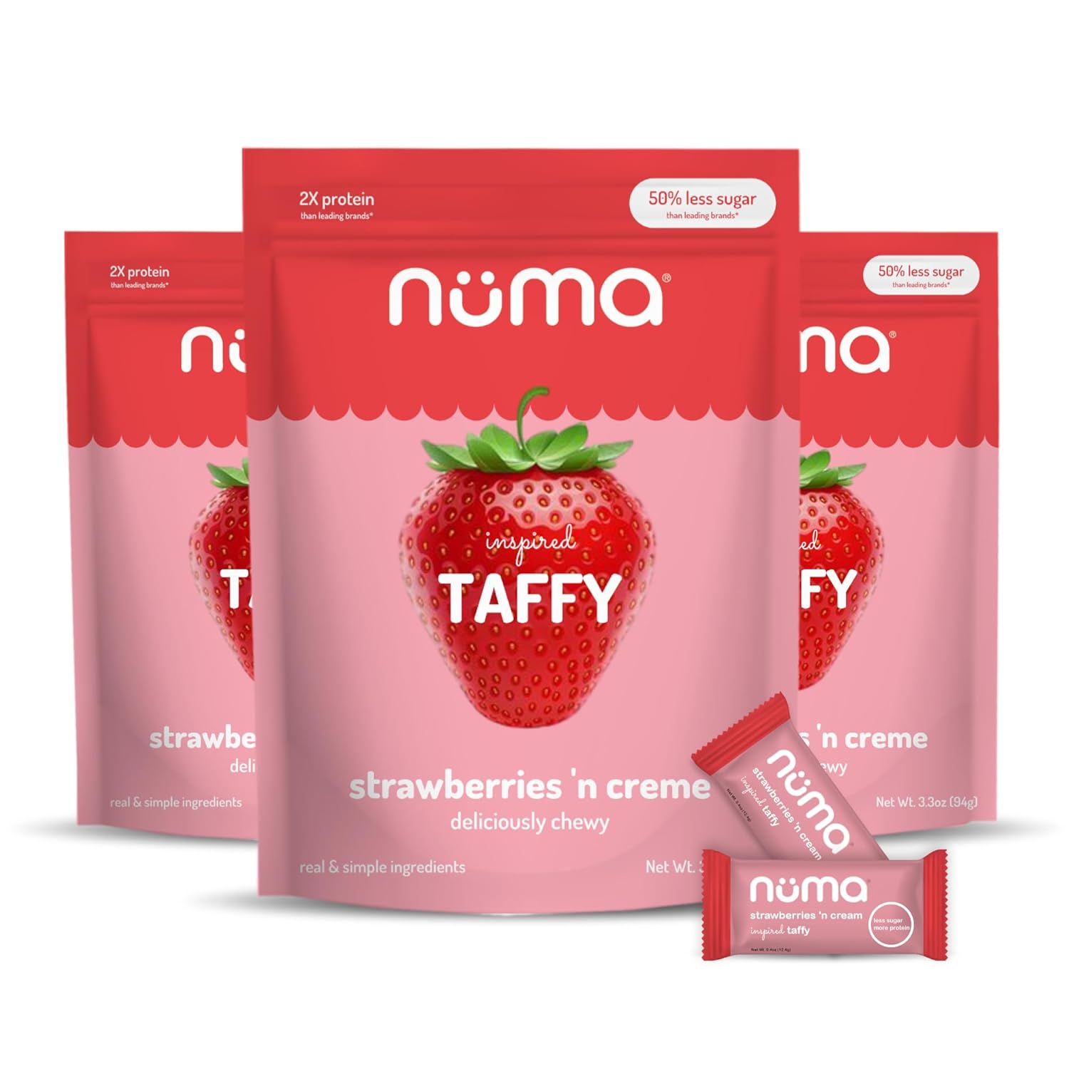 Numa Taffy Candy - Strawberries and Creme Made w Real & Simple Ingredients - Low Sugar, High Protein, Low Calorie, All Natural, Gluten Free - 3 Bags with 10 Individually Wrapped Chews Each