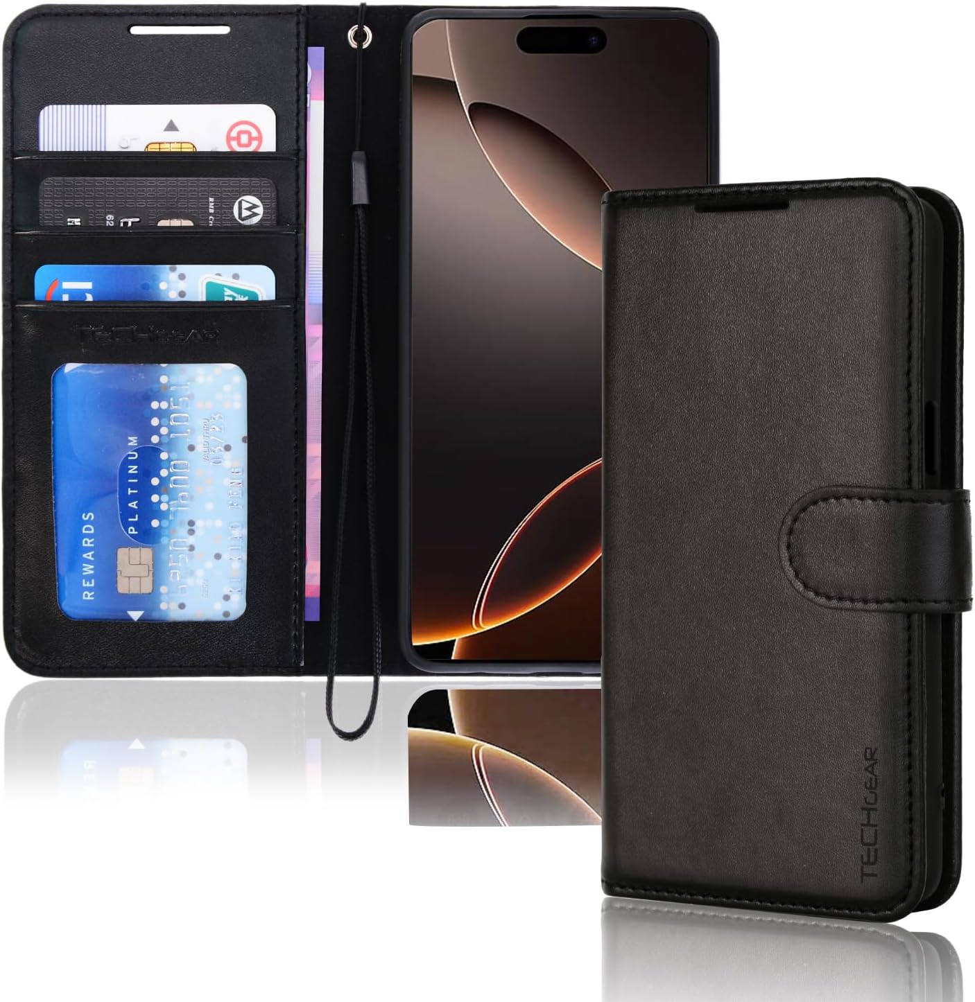 TECHGEAR iPhone 16 Pro Leather Wallet Case, Protective Flip Case Cover [RFID BLOCKING] Wallet Card Holder, Stand & Wrist Strap - Black PU Leather with Magnetic Closure Designed for iPhone 16 Pro 6.3"