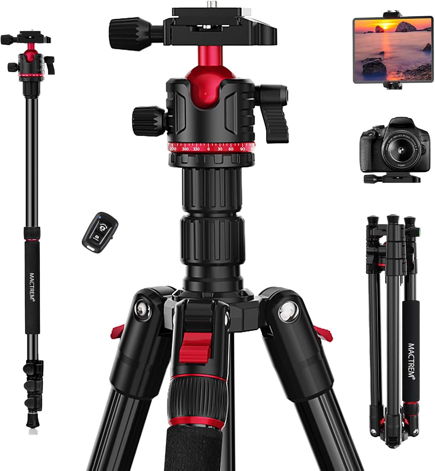 MACTREM 74" / 188 cm Lightweight Aluminum Camera Tripod & Monopod