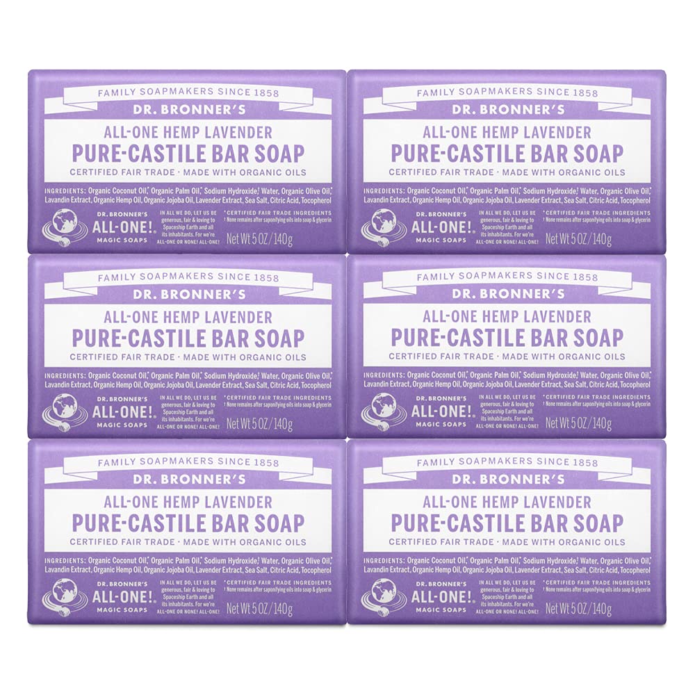 Dr. Bronner's - Pure-Castile Bar Soap (Lavender, 5 ounce, 6-Pack) - Made with Organic Oils, For Face, Body and Hair, Gentle and Moisturizing, Biodegradable, Vegan, Cruelty-free, Non-GMO