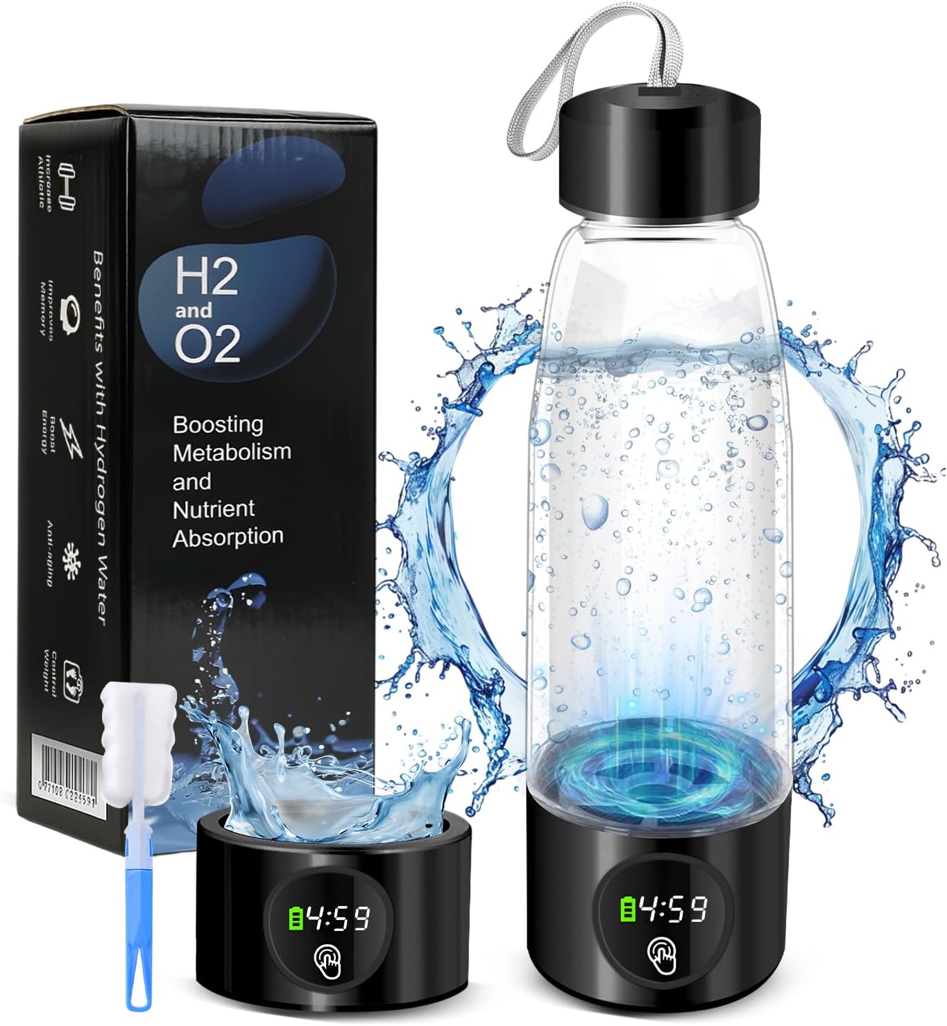 Hydrogen Water Bottle, Portable Rechargeable Hydrogen Water Bottle Generator 460ml with Advanced SPE PEM Technology for Sports/Home/Office/Travel (Upgraded – with LED Timer Display, Black)