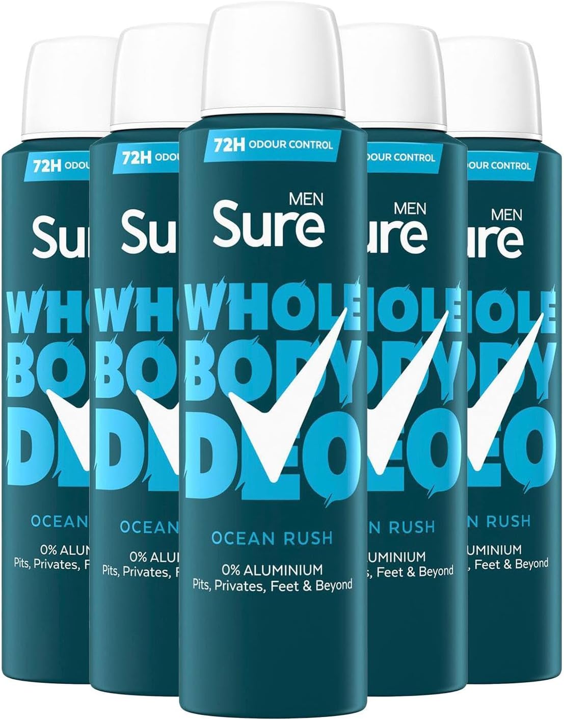Sure Men Deodorant Spray Ocean Rush, Pack of 5, Whole Body Deodorant for Men Aluminium Free Deo Spray with Herbal and Woody Scent Provides 72-Hour Odour Control, 150 ml