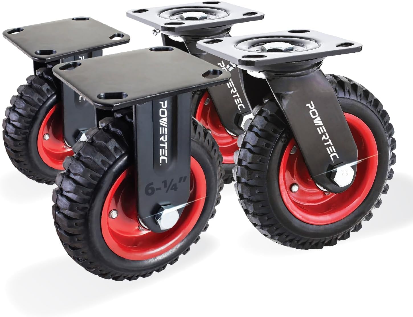 POWERTEC 6 Inch Caster Wheels Set of 4 (2 Swivel & 2 Fixed), Heavy Duty Casters w/Rubber Knobby Tread for Workbench, Dolly, Cart, Trolley, Wagon and Chicken Coop, Large Rubber Castor Wheels (17054V)