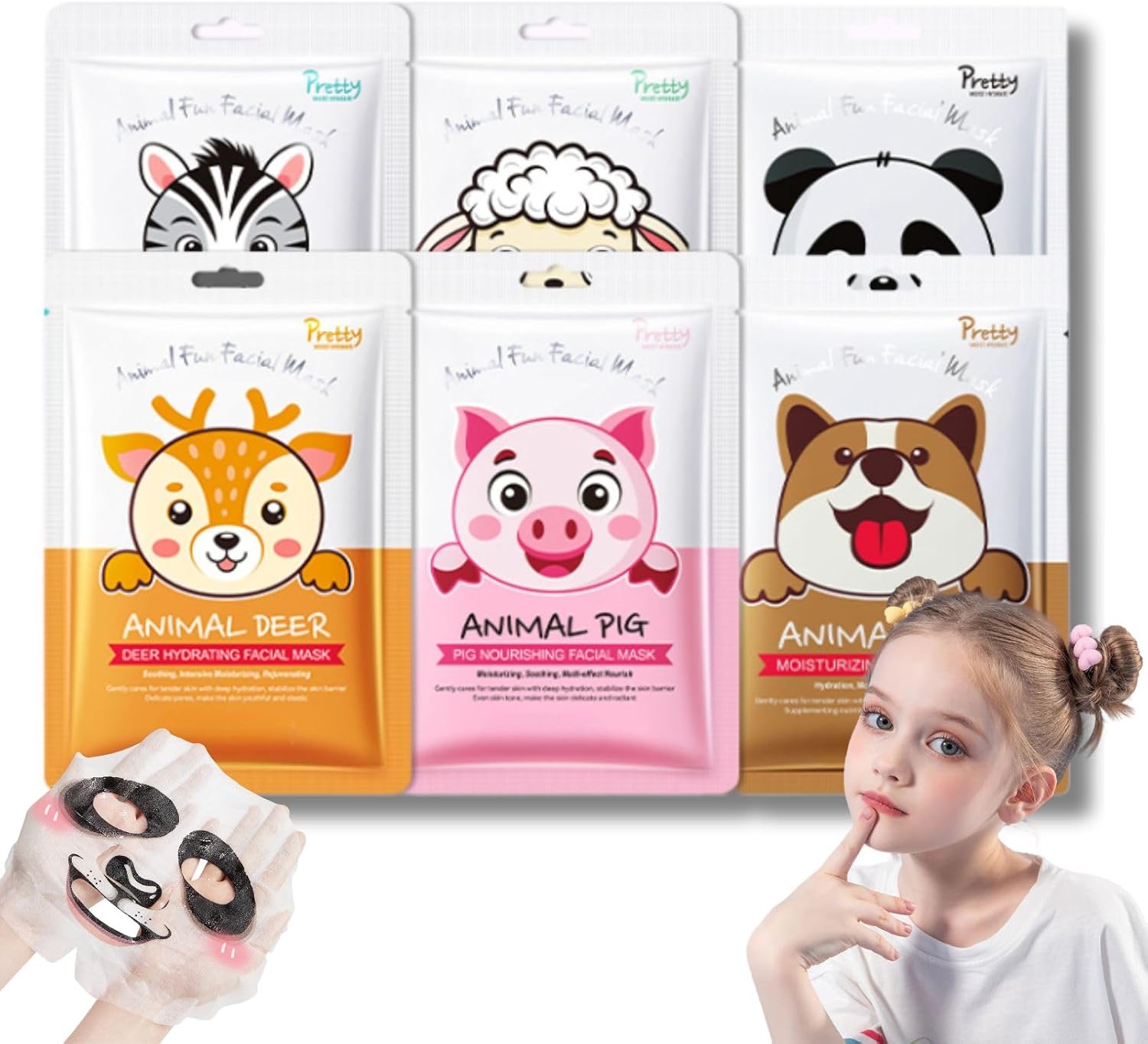 6PCS Kids Animal Face Mask Set - Hydrating Sheet Masks for Girls with Fun Panda, Zebra & Dog Designs - Moisturizing Facial Mask Skincare Gift for Teenage Girls, Teens & Women - Spa Party Supplies