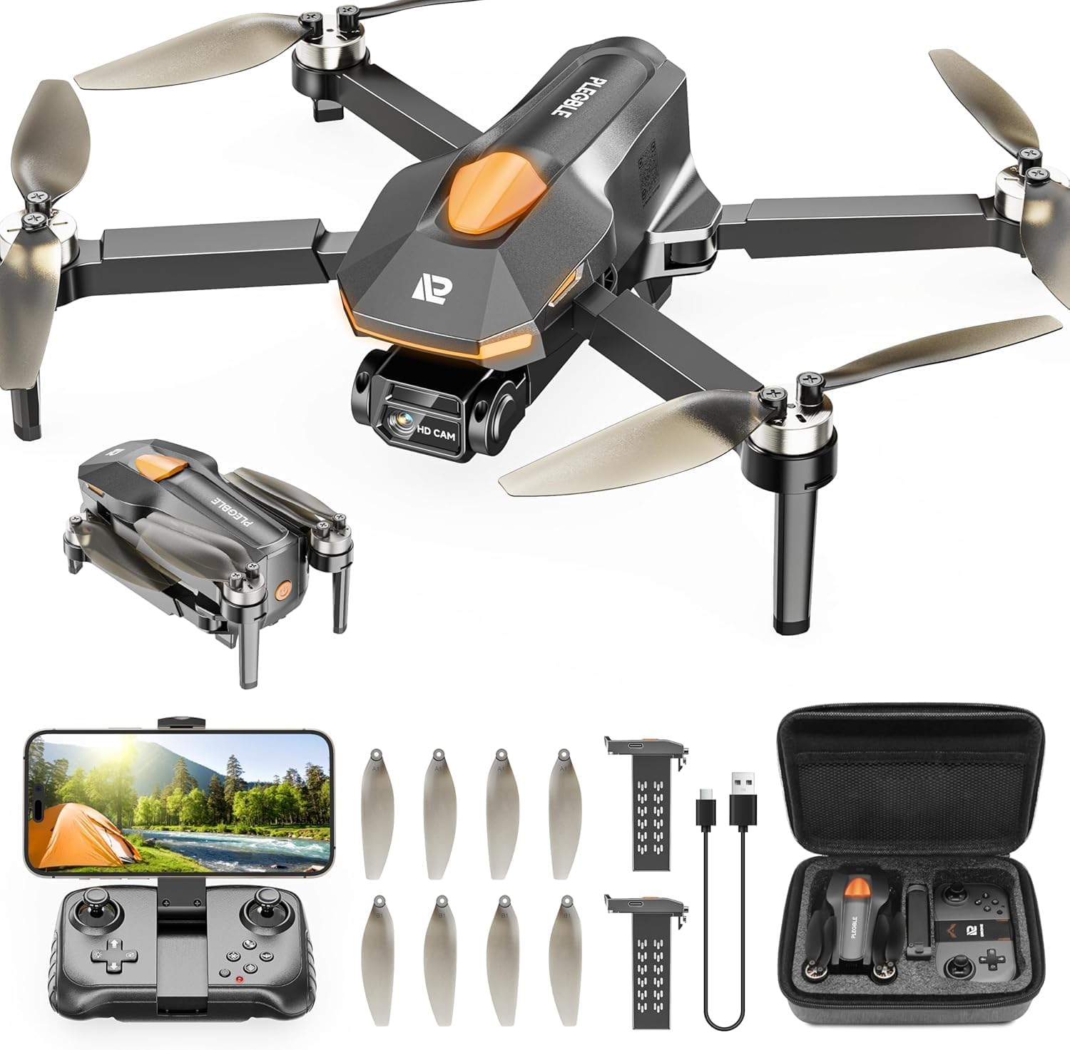 PLEGBLE Drones with Camera for Adults Kids 8-12, Brushless Motor Mini Foldable RC Quadcopter with WiFi, Tap Fly, Voice Control, Gesture Photography, Gift Toys for Men Boys