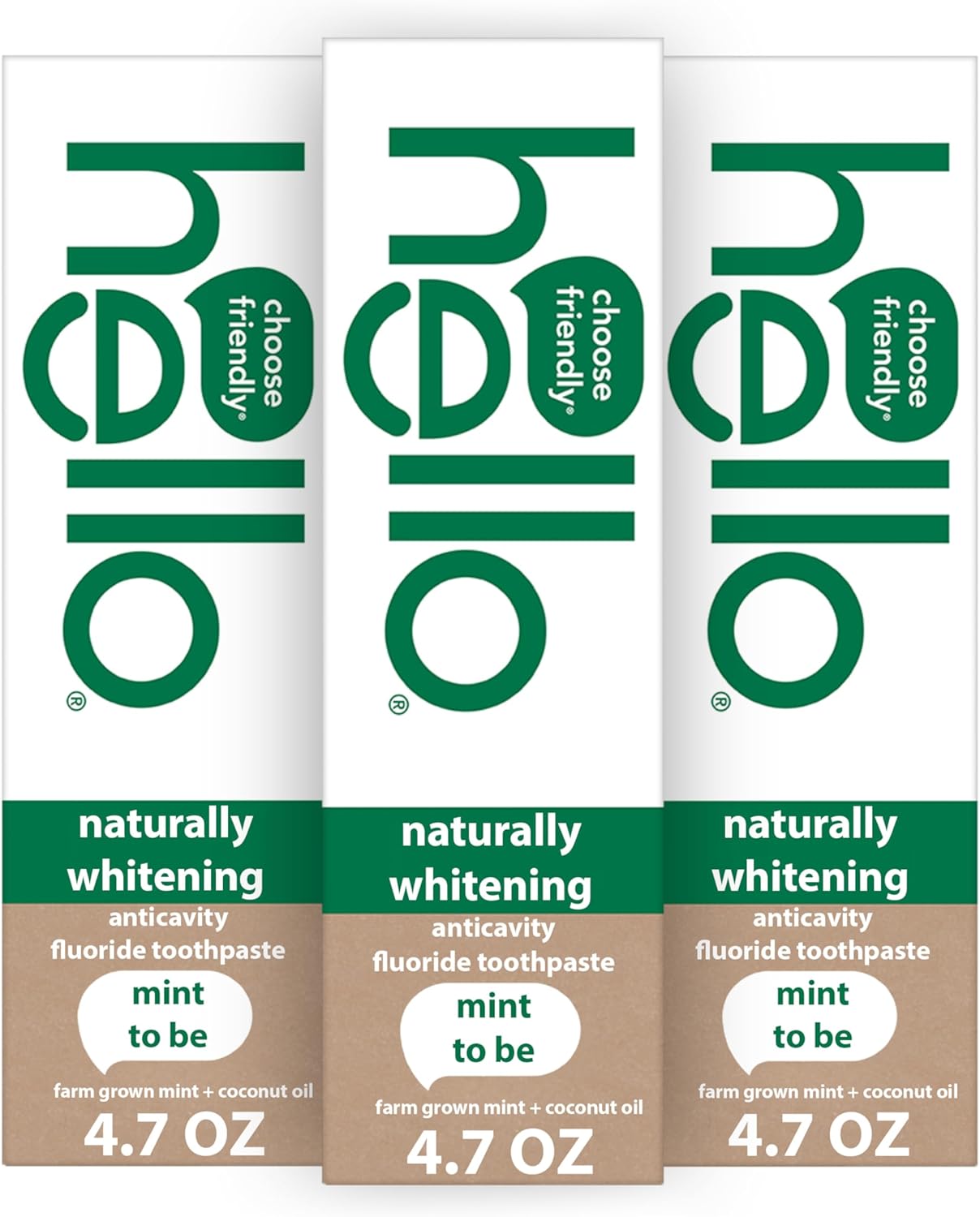 Hello Naturally Whitening Fluoride Toothpaste, Natural Peppermint Flavor and Tea Tree Oil, Peroxide Free, Gluten Free, SLS Free, 3 Pack, 4.7 OZ Tubes