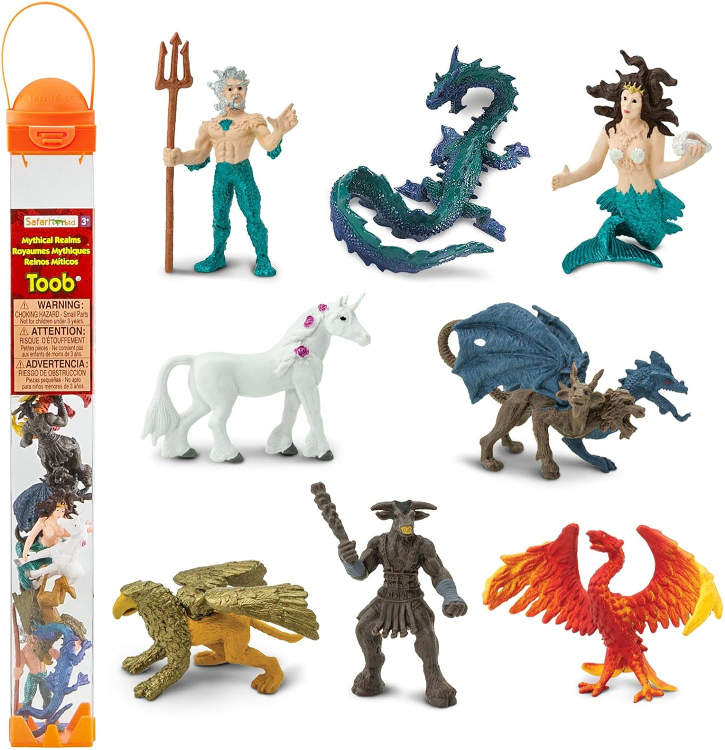 Safari Ltd. Mythical Realm TOOB - 8 Mini Figurines: Chimera, Griffin, Phoenix, Unicorn, Sea Dragon, Minotaur, Poseidon, & Mermaid - Mythology Educational Toy Figures for Boys, Girls & Kids Ages 3+