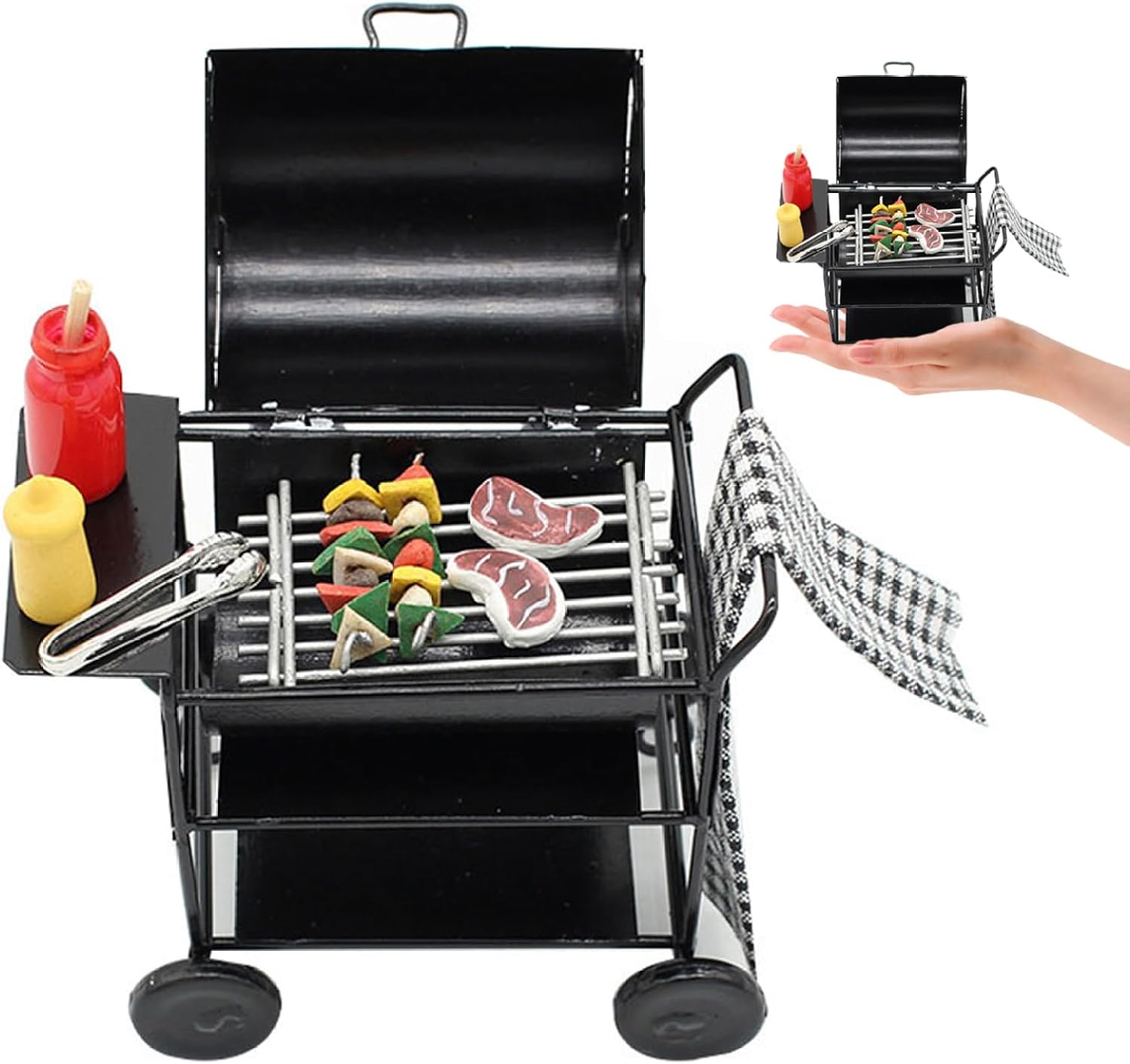 Dollhouse Kitchen Furniture 1:12 Dollhouse Barbecue Set with Skewer Steak Seasoning Bottle Towel Doll House Bbq Cart Dollhouse Accessories for Kid Pretend Play Miniature BBQ Grill Dollhouse Decor Doll