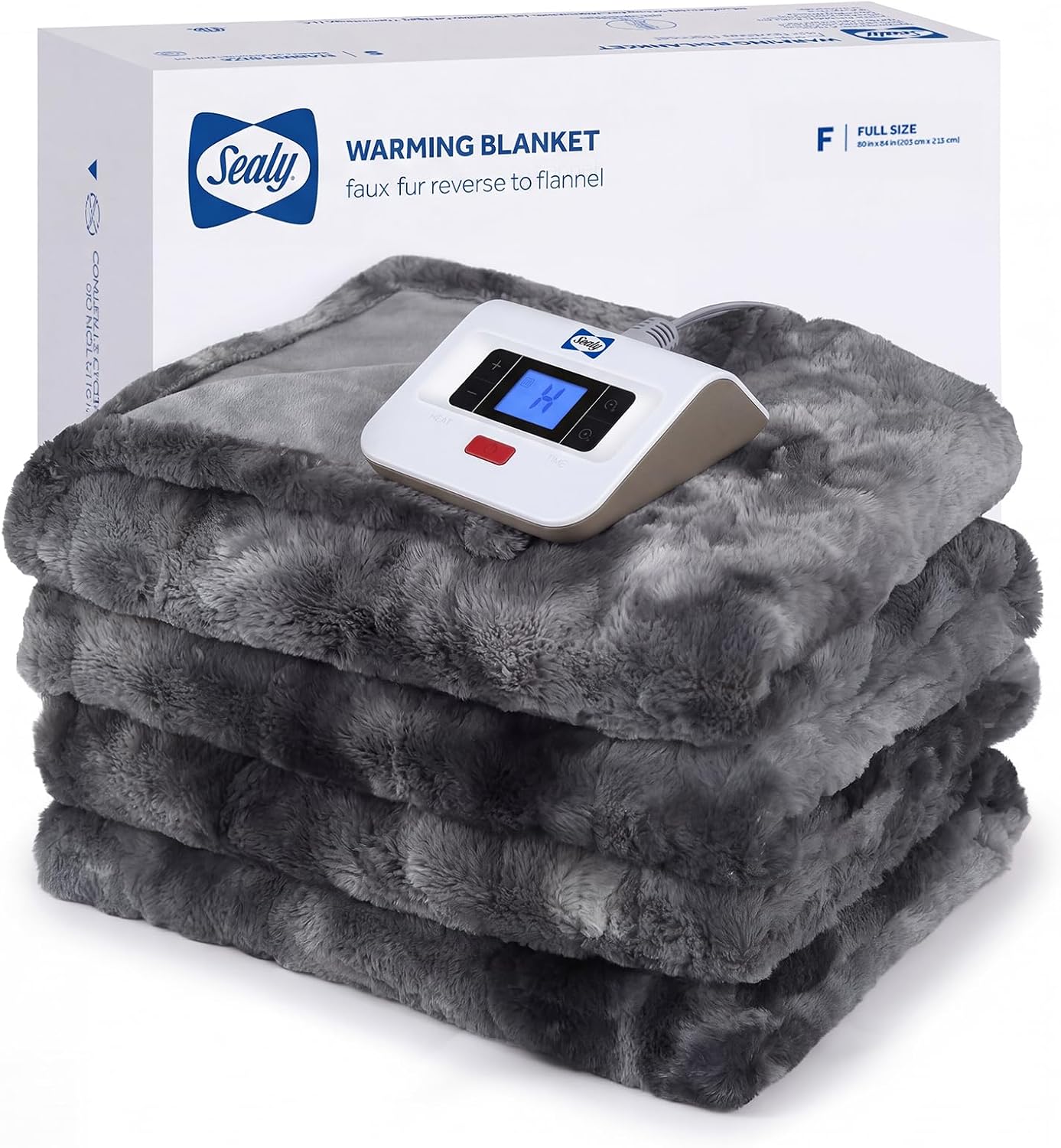 Sealy Faux Fur Flannel Heated Electric Blanket 80"x84" Full Size, Grey