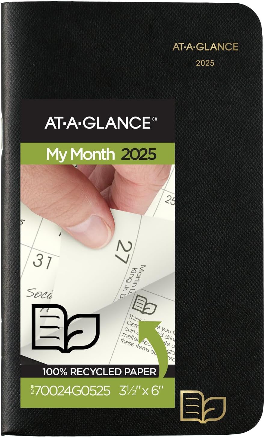 AT-A-GLANCE 2025-2026 Planner, 3-1/2" x 6", Pocket Size, 2 Year Monthly Planner, Recycled, Black (70024G0525)