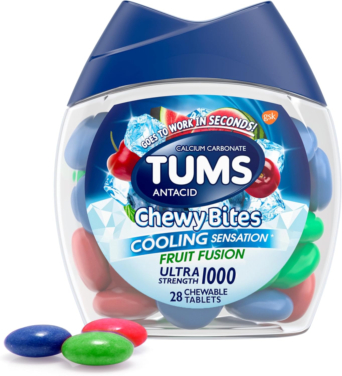 Tums Chewy Bites Fast Cooling Sensation Antacid, Fruit Fusion, 28 Tablets