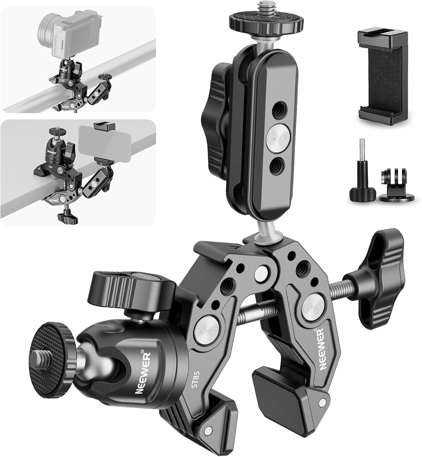 Neewer Super Clamp with 3" Dual Ballhead Magic Arm, Ball Head Adapter, Cold Shoe, Holder, Action Camera Clamp Mount for Flat/Round Surface Compatible with GoPro DJI, 15 Pro Max, ST85