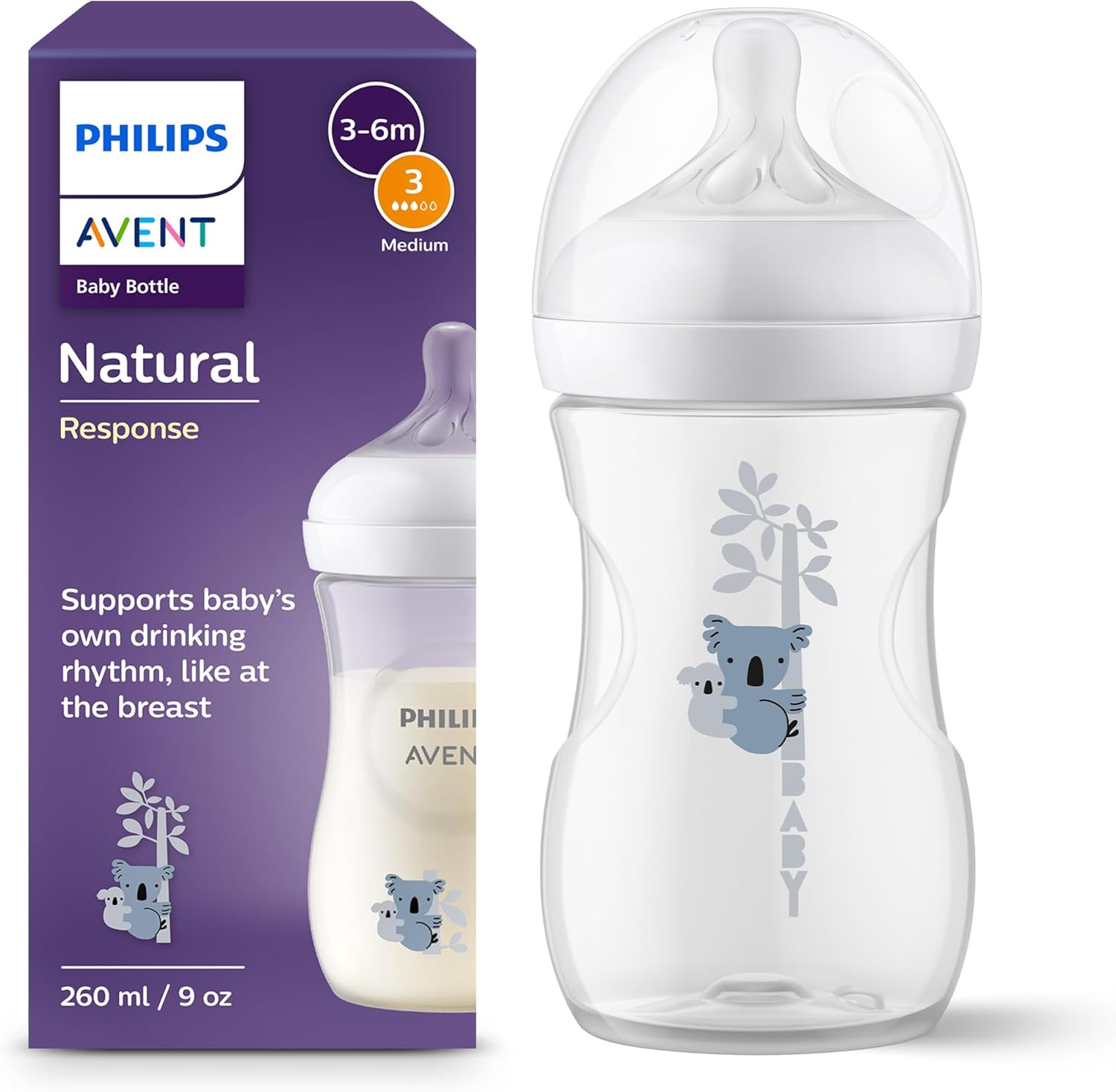 Philips Avent Natural Response Baby Bottle - 260ml Baby Milk Bottle, BPA Free for Babies 1 Month+, Koala Pattern (Model SCY903/67)