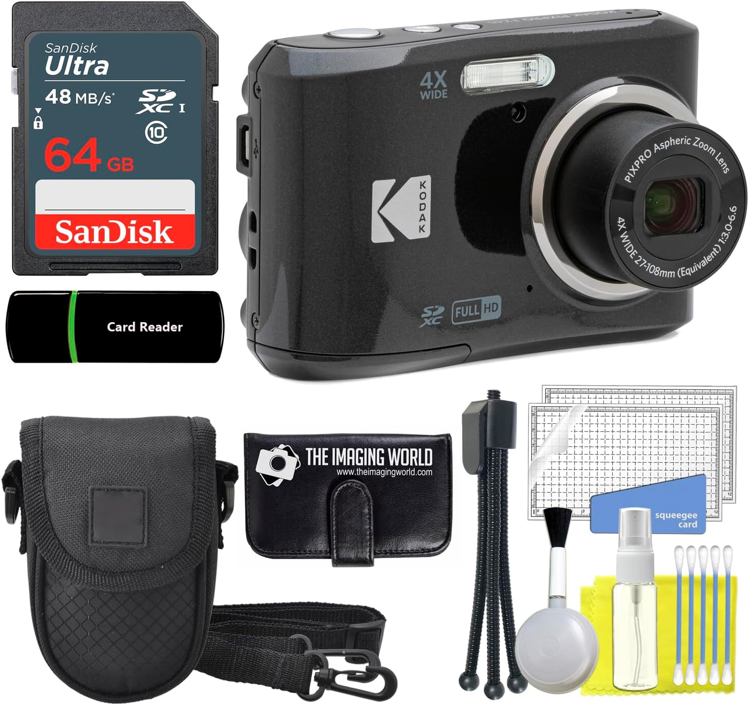 Kodak PIXPRO FZ45 16MP Digital Camera 4X Optical Zoom 27mm Wide Angle 1080P Full HD Video 2.7" LCD Camera (Black) + 64GB Card and Reader + Case + Memory Wallet + Tripod + Cleaning Bundle