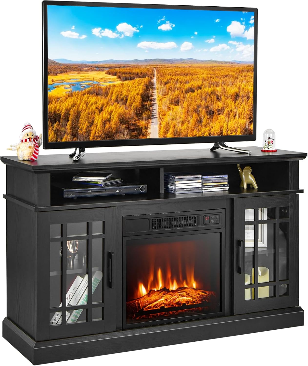 SIMOE Modern 48 Inch Electric Fireplace TV Stand, TV Console for TVs with 18 Fireplace up to 55 Inch with 2 Open Shelves and Cabinets with Doors, Remote Control, Black
