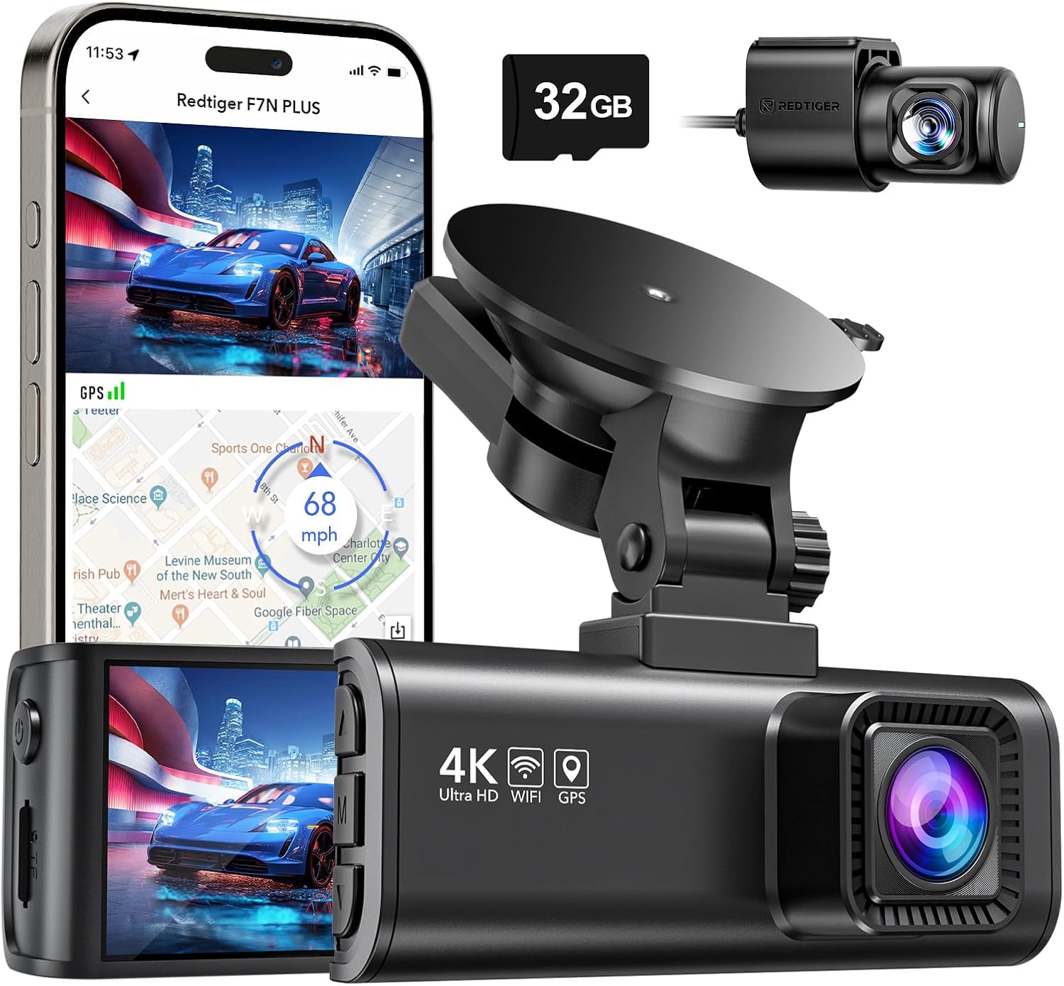 REDTIGER Dash Cam Front Rear, 4K/2.5K Full HD Dash Camera for Cars, Included 32GB Card, Built-in Wi-Fi GPS, 3.18” IPS Screen, Night Vision, 170°Wide Angle, WDR, 24H Parking Mode(F7NP)