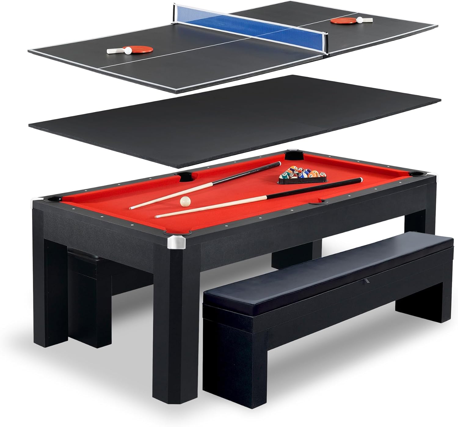 Hathaway Park Avenue 7 Ft Pool Table Combo Set with Benches and Complete Game Accessories - Billiard Table with Ping Pong and Dining Top - Engineered Wood Frame, Black Finish, Red Felt