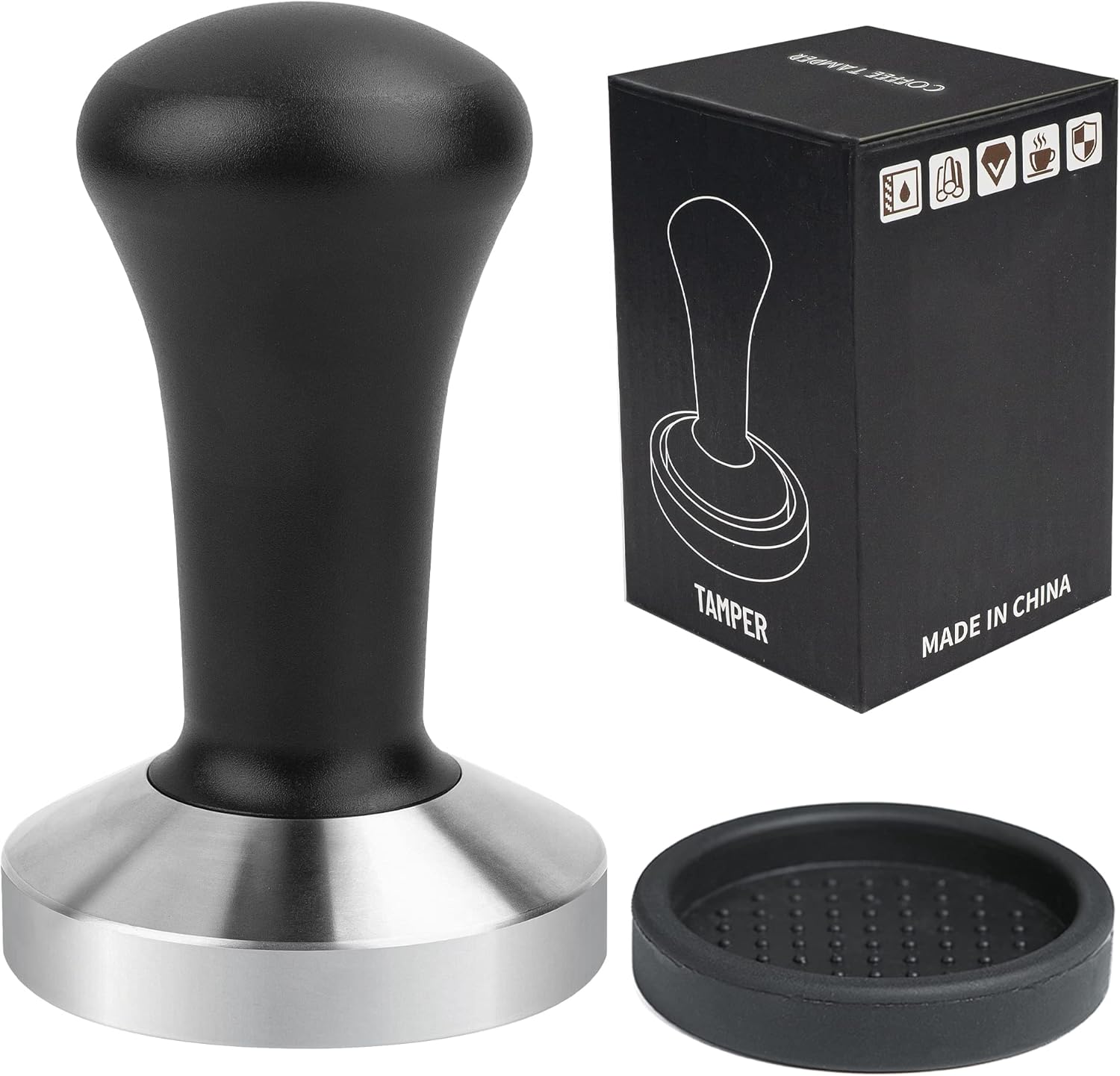 58mm Tamper with Black Aluminum Handle 304 Stainless Steel Base Professional Coffee Tamper Espresso Press for Portafilter Coffee Machine Barista Tool