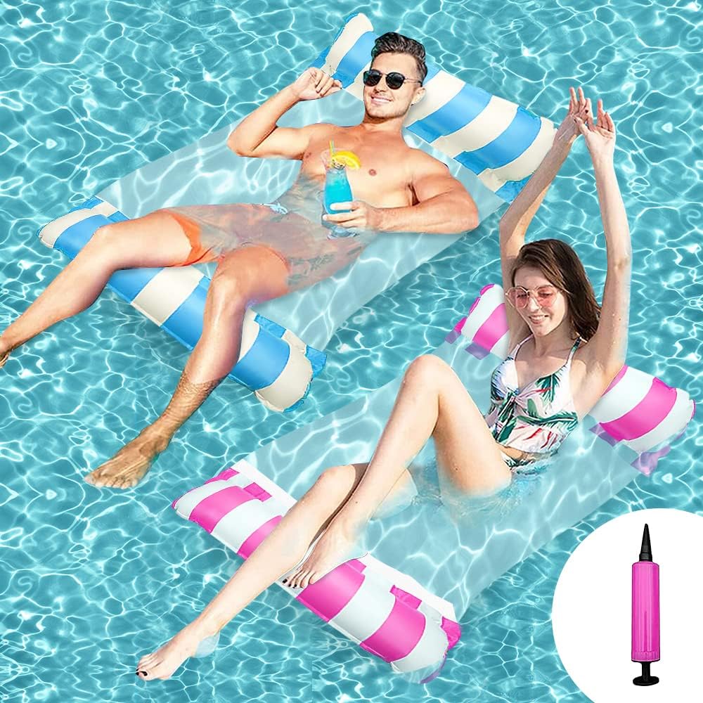 Ousinby Pool Float Hammock 2 pack ，inflatable hammock Inflatable Pool Bed Swimming Pool Hammock Floating Chair Bed Raft Recliner Float Lounger Float Hammock with Infloator Pump for Adults Kids