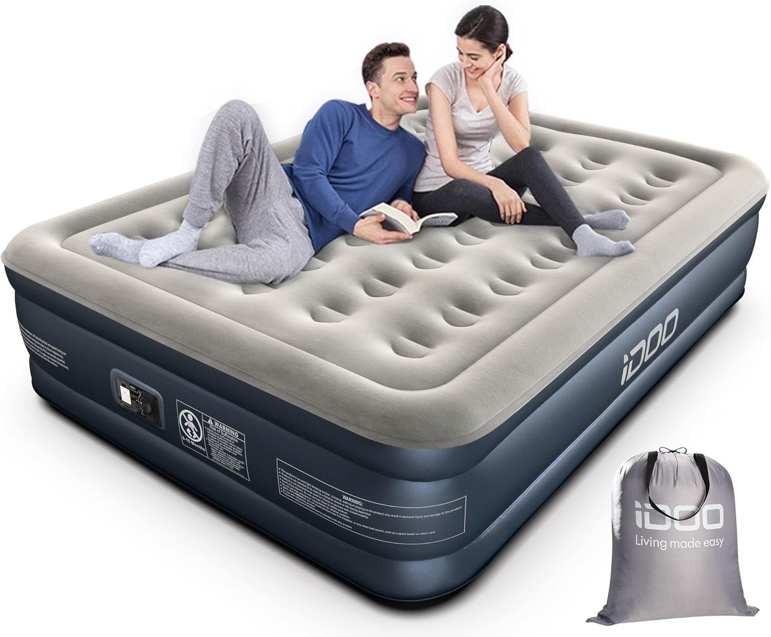 iDOO King Inflatable Mattress, Air Bed with Built-in Electric Pump, Double Queen Size Blow Up Mattress, 3 Mins Self-Inflation/Deflation Airbed, Guest Air Mattress for Home Camping Travel 203x152x46cm