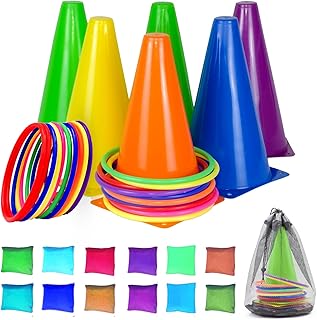 CircleCraft 31 Pcs. Plastic Cones and Rings Games Ring Toss Games for Adults, Carnival Games for Kids, Bean Bag for Kids Games Birthday Party, Yard Games, Sports & Outdoor Games for Family Party