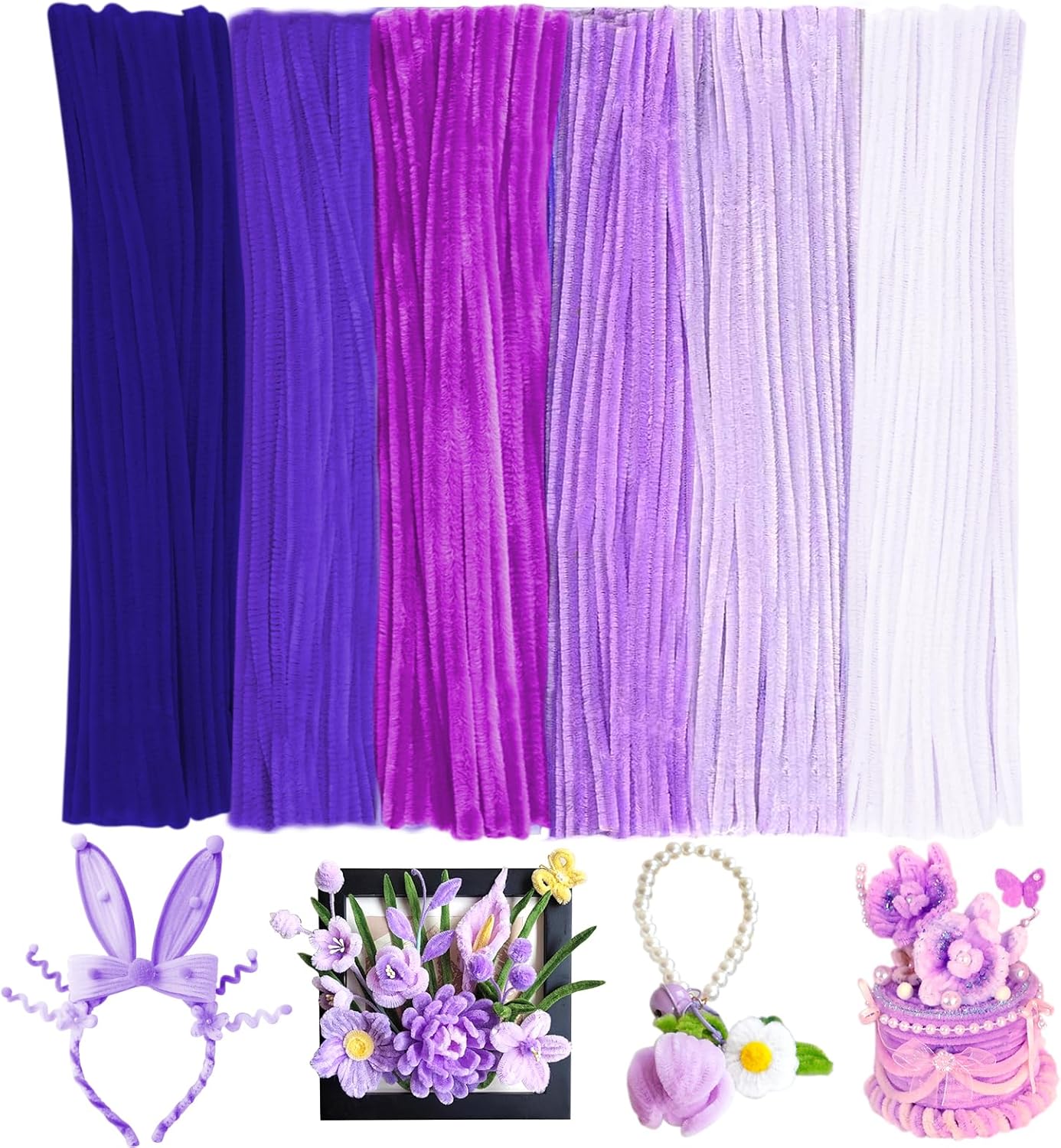 600 Pcs Pipe Cleaners Craft for Flowers, Pastel Chenille Stems for DIY Art Projects Creative Gift(6 Colors), Bulk Fuzzy Pipe Cleaner Flower Kit, Ideals for Party Decor (Purple)
