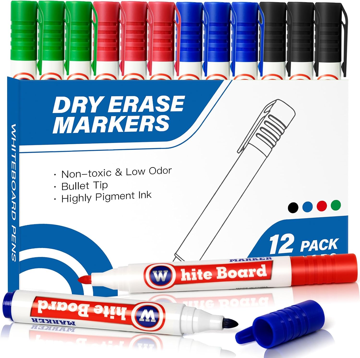 Whiteboard Marker Pens, 4 Assorted Colors Dry Erase Markers, Low Odour Vivid Colour Dry Erase Marker Pen for Home Office Supplies (Pack of 12)
