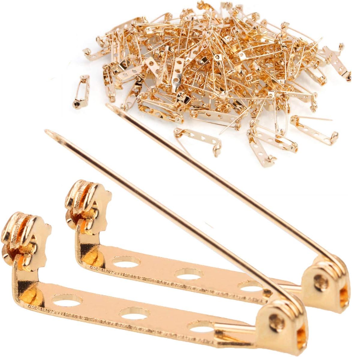 STARVAST 200 Pcs Gold Tone Brooch Pin Backs Clasp 1 Inch Bar Pins Findings 3 Holes Safety Pins for Badge Insignia, Citation Bars, Making Corsage, Name Tags, Toy Pins and Jewelry Making