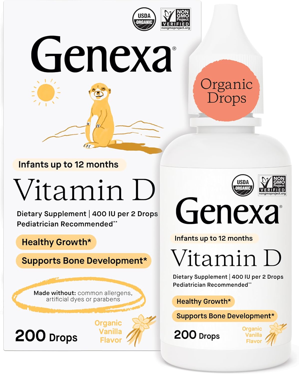 Genexa Infants Vitamin D Liquid Drops for Newborn, Baby & Toddler | Supports Growth & Bone Development | Delicious Organic Vanilla Flavor | Certified Organic, Gluten Free, & Non-GMO | 90 Servings