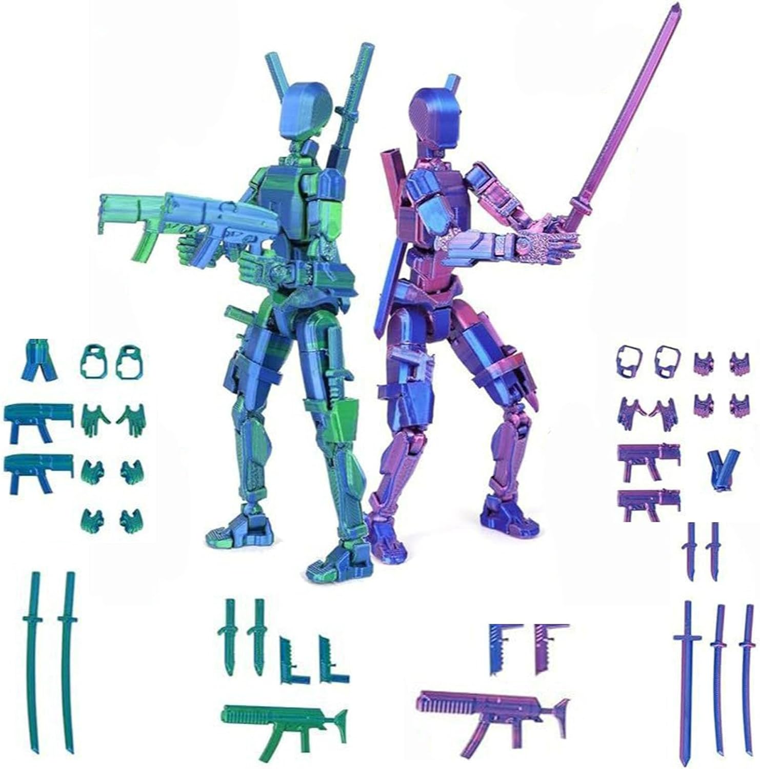 TZMFHD T13 Action Figure, 2 Pcs Action Figures, Titan 13 Action Figure, 3d Printed Multi-Jointed Movable, Desktop Decorations For Game Lovers Toys (Red Blue, Blue-Green)