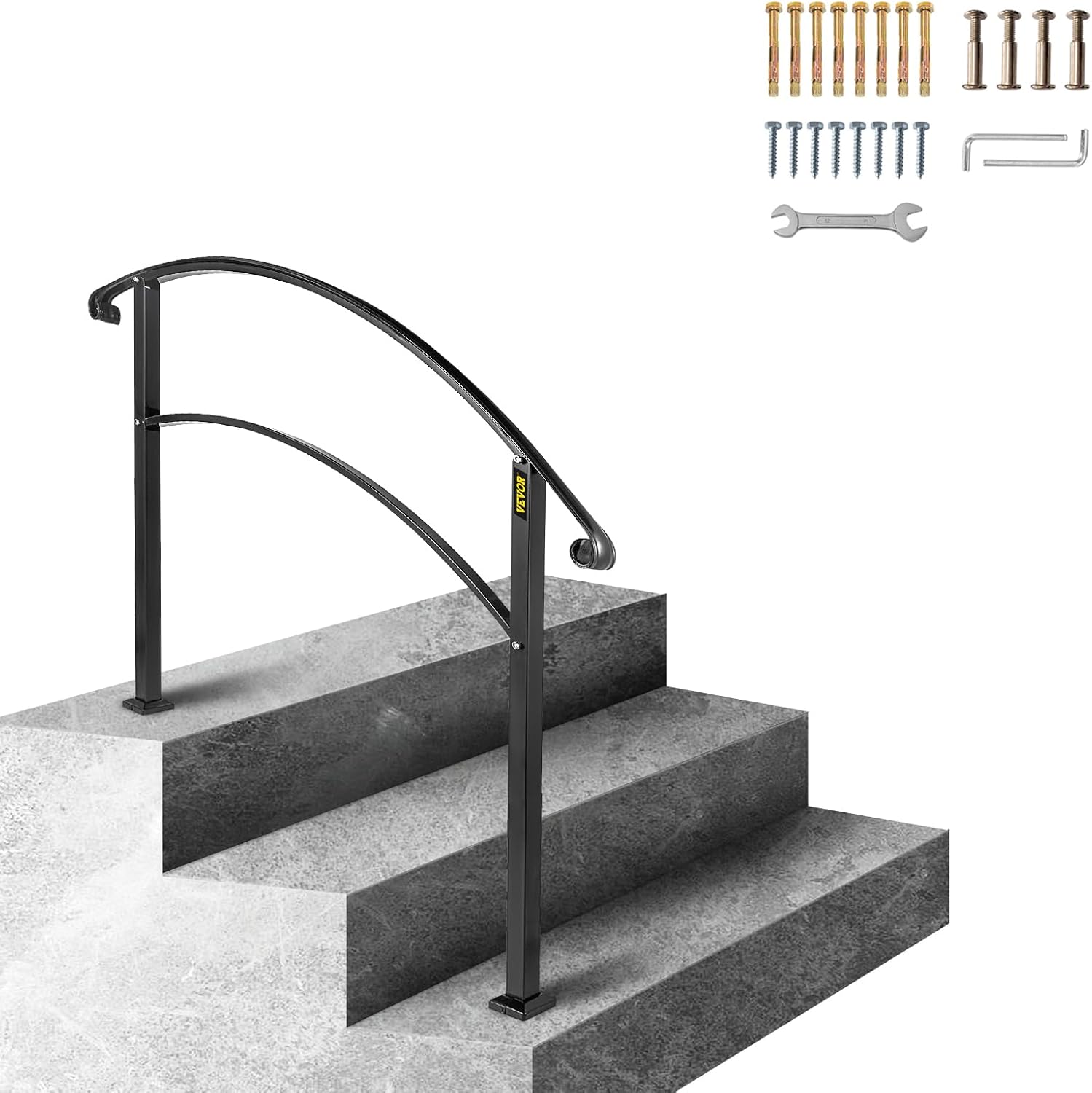 Happybuy Handrails for Outdoor Steps, Fit 1 or 3 Steps Outdoor Stair Railing, Black Wrought Iron Handrail, Flexible Front Porch Hand Rail, Transitional Handrails for Concrete Steps or Wooden Stairs