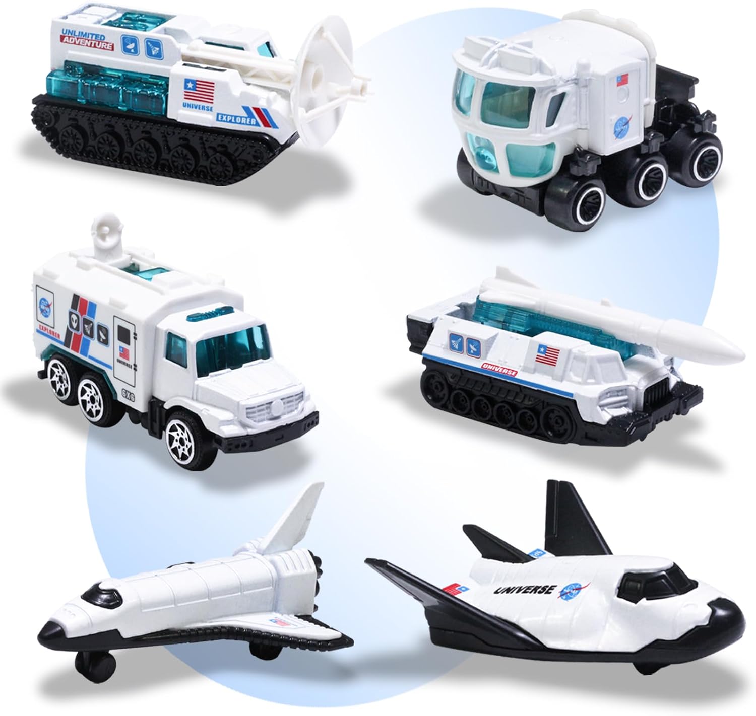 Oriate Diecast 6PCS Explore Space Spaceship Gift Set, Rocket, Space Probe, Mobile Lab Mini SpaceFleet Toys for Boys Girls 3 Years Old and Up Creative Gifts