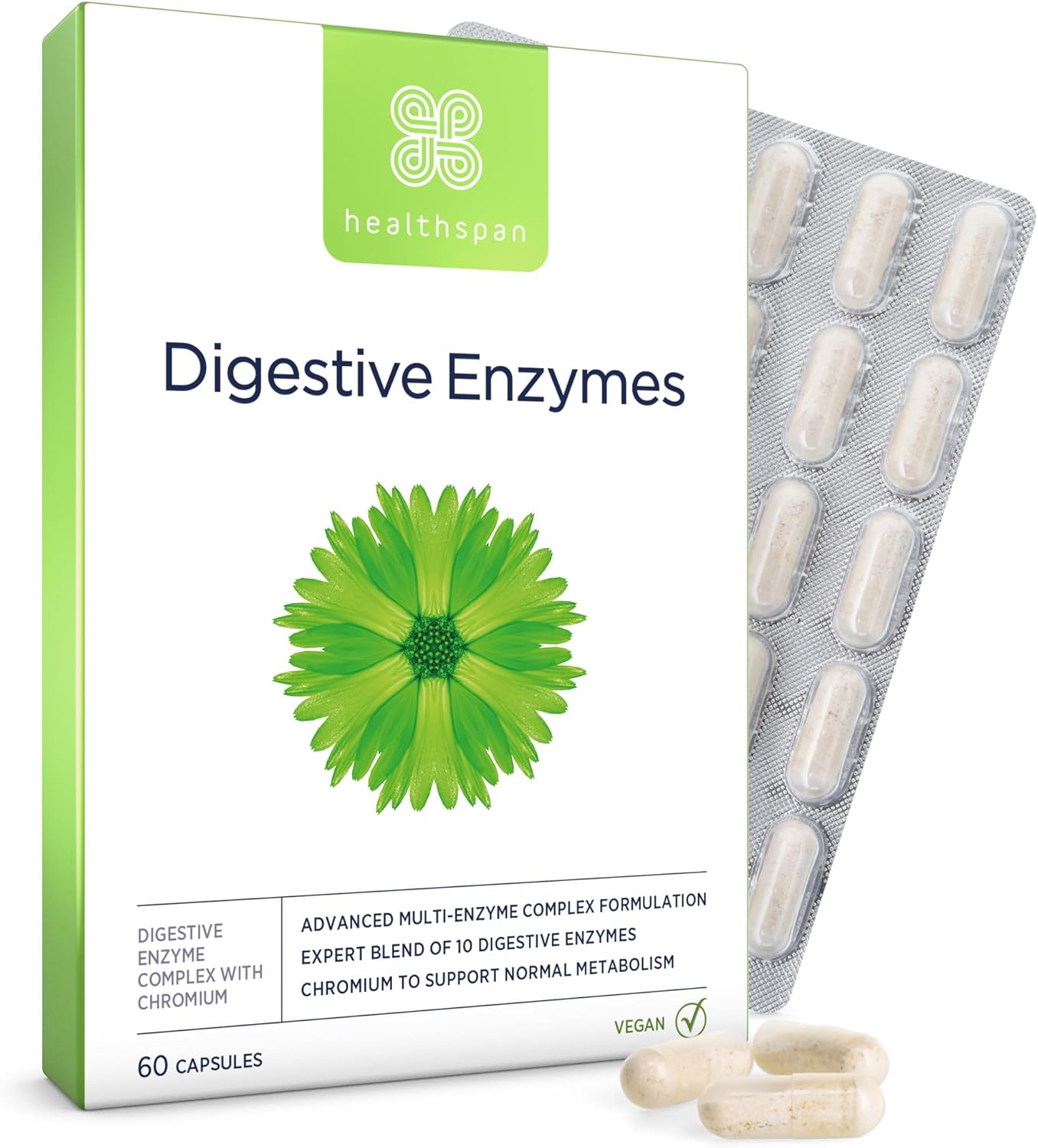 Healthspan Digestive Enzymes | 60 Capsules | Amylase | Lactase | Lipase | Protease | Added Chromium | Aids Digestion | Vegan