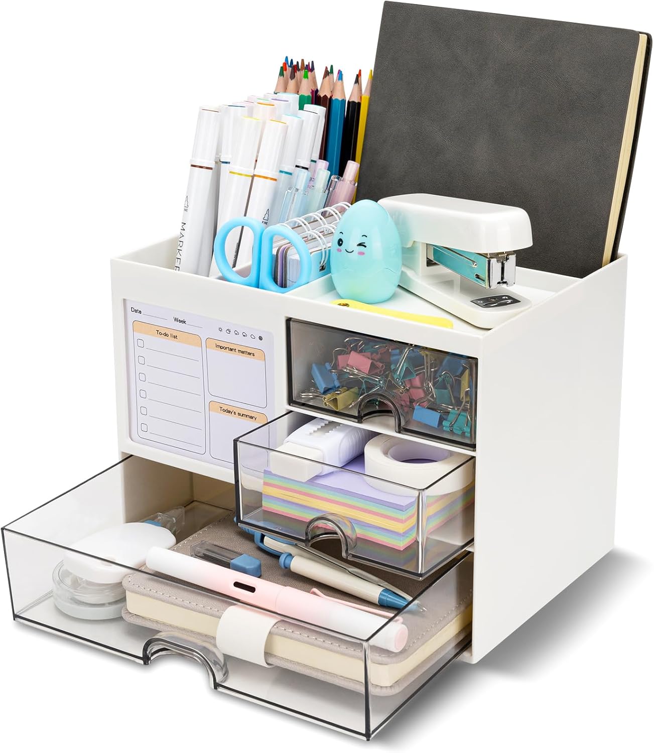 RISEMART Desk Organiser with 3 Drawers, Desk Tidy Organiser with Pen Holder, Large Capacity Desktop Organizer Stationery Storage Box for School Office Home Makeup Desk Supplies (White)