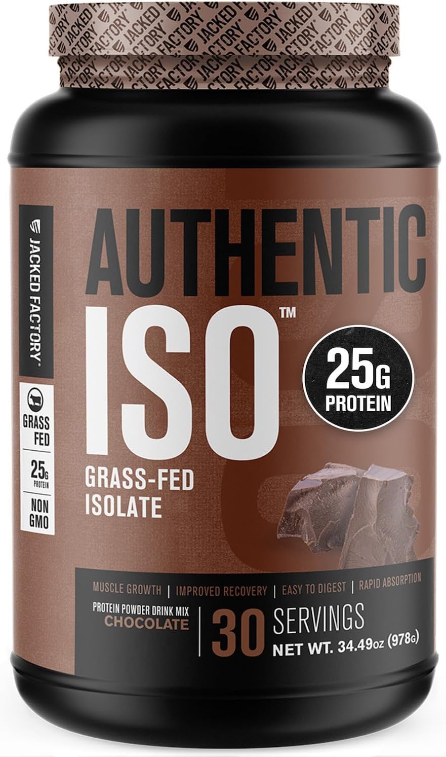 Jacked Factory Authentic ISO Grass Fed Whey Protein Isolate Powder - Low Carb, Non-GMO Muscle Building Protein w/No Fillers, Post Workout Recovery, Chocolate
