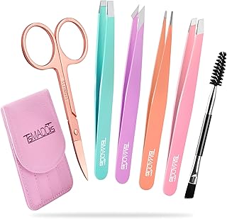 TsMADDTs Eyebrow Tweezer Set, 6 Pcs Tweezers Set for Women, Precision Tweezer for Eyebrows with Curved Scissors for Ingrown Hair, Hair Plucking Daily Beauty Tools with Leather Travel Case