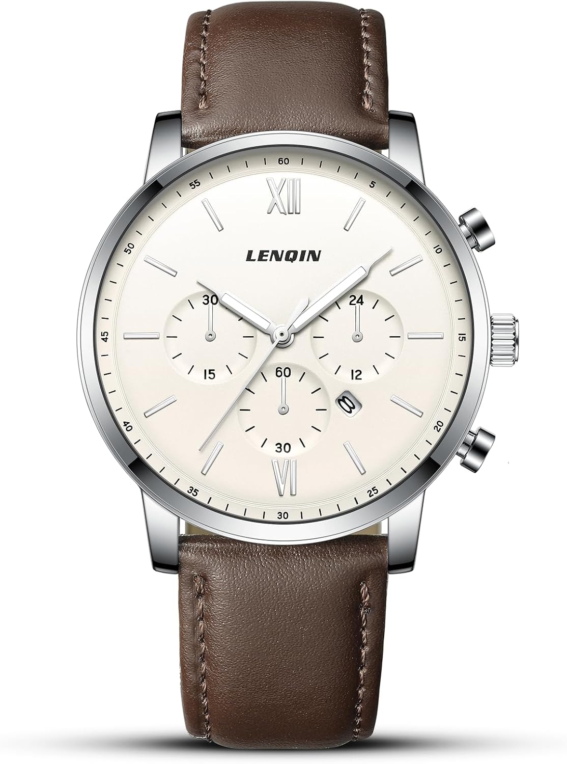 LN LENQIN Men's Leather Strap Watches - Analog Quartz Watch with Date, Waterproof, Luminous Minimalist Design