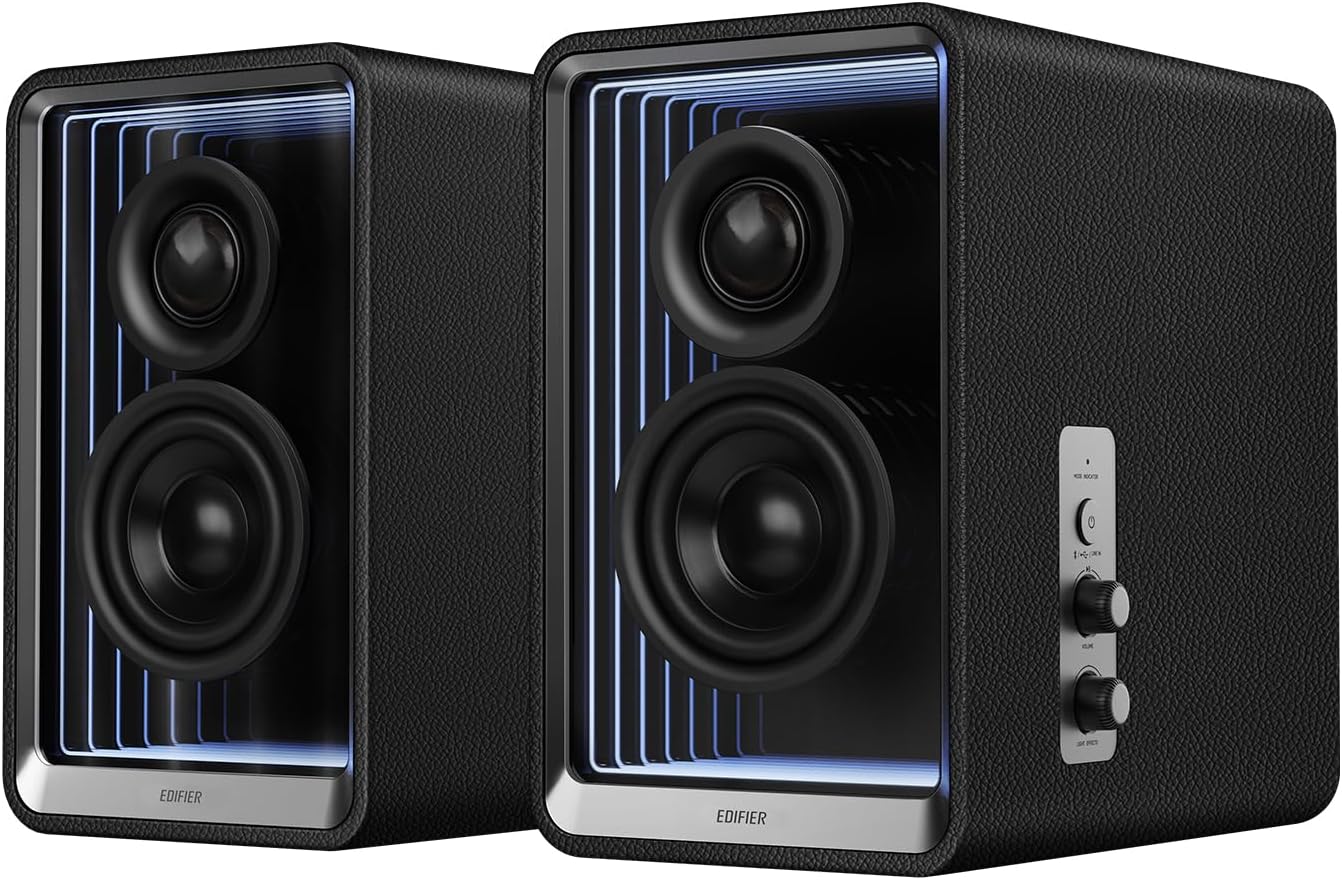 Edifier QR65 Desktop Active Monitor with 2.75" Long-Throw Aluminum Diaphragm mid-Low Drivers, Hi-Res Audio, Brilliant Light Effects, GaN Fast Charger, and 70W Output Power Bluetooth Speakers - Black