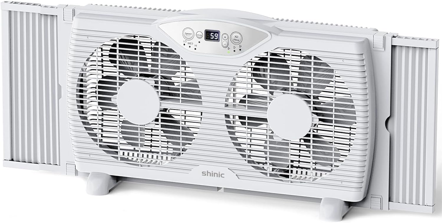 shinic Twin Window Fan, 9-Inch Blades Reversible Airflow, Thermostat Control, 3 Speeds, 3 Functions, 23.8"-37" Expandable Width, Window Exchaust Fans for Home Bedroom, ETL Certified