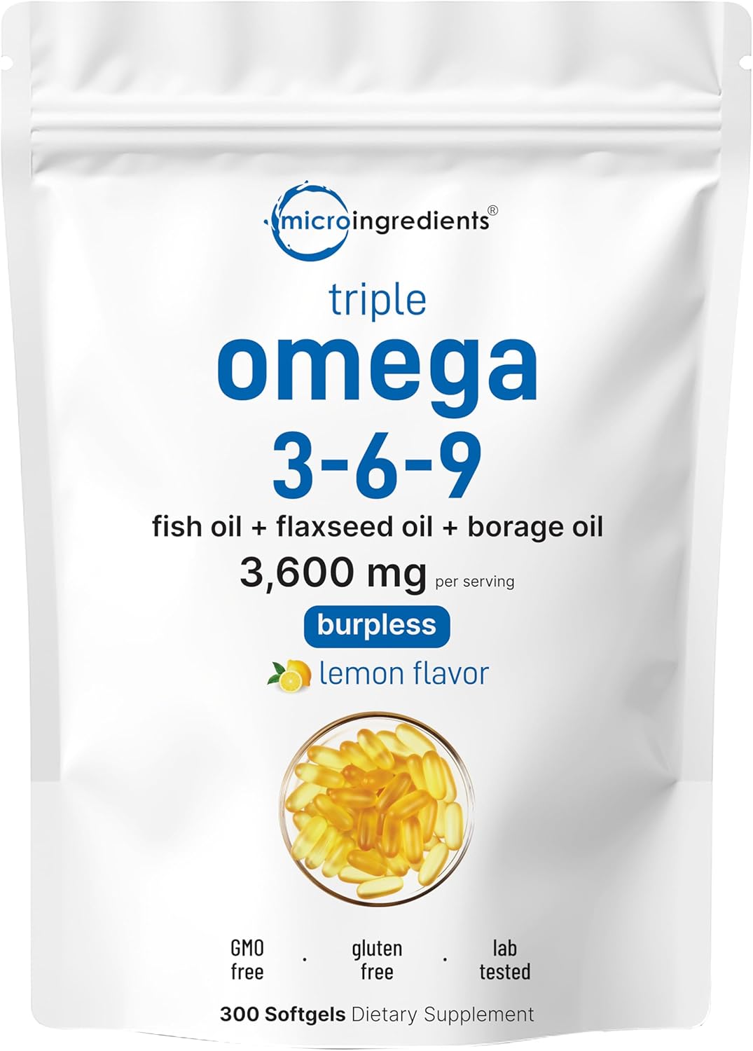 Ultra Omega 3-6-9 3600mg Per Serving, 300 Burpless Softgels | Lemon Flavor – Blend of Fish, Flaxseed, Borage Oils | Bioavailable Source, Non-GMO, No Gluten, Mercury Free