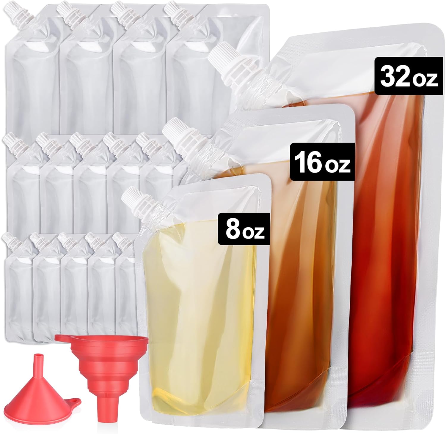 Plastic Flasks, AMOHEE 18Pcs Reusable Drink Bags Pouches for Adults on Cruise, Concert, Travel and Outdoor Sports (8oz-6pcs,16oz-6pcs,32oz-4pcs,2 funnels)