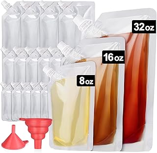 Plastic Flasks, AMOHEE 18Pcs Reusable Drink Bags Pouches for Adults on Cruise, Concert, Travel and Outdoor Sports (8oz-6pcs,16oz-6pcs,32oz-4pcs,2 funnels)