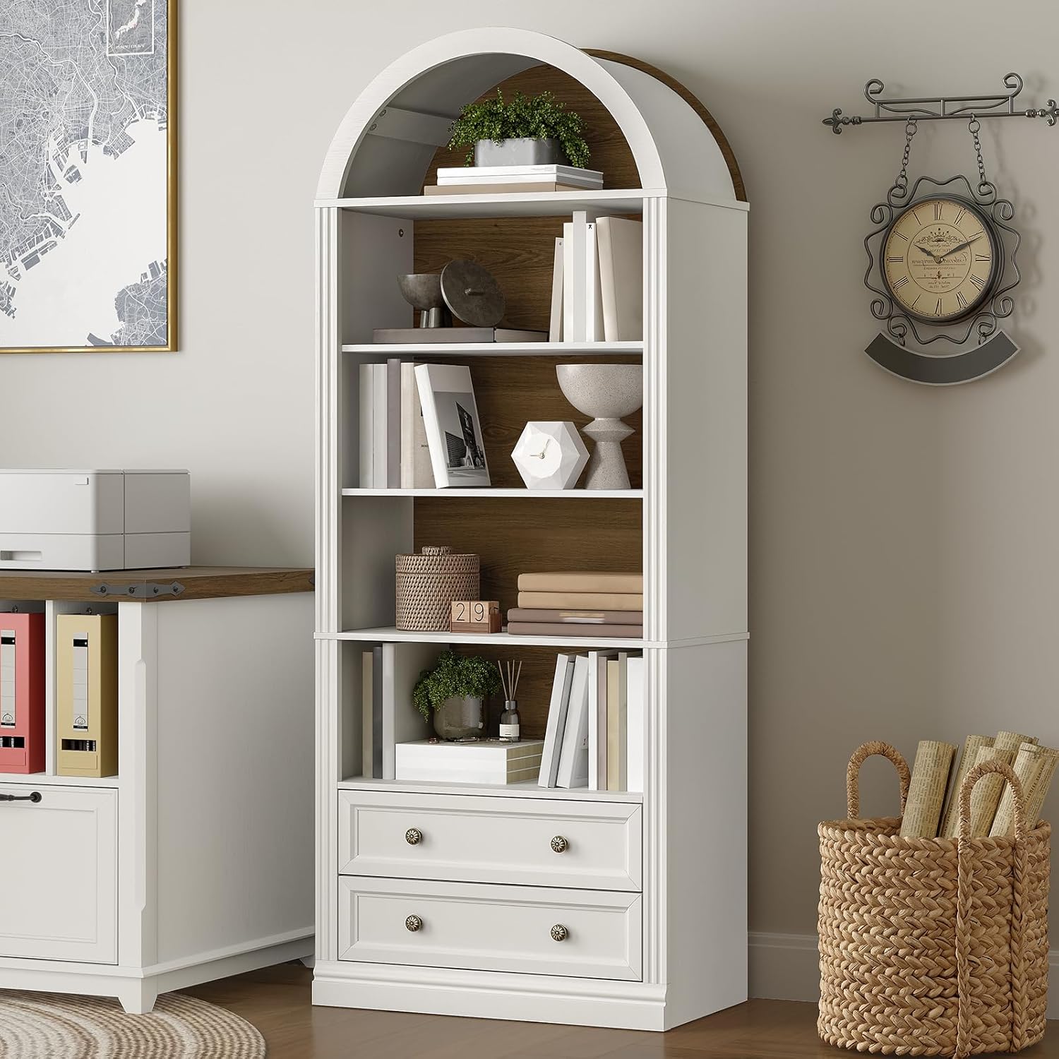 Farmhouse Arched Bookshelf, 7 Tiers Arch Bookcase with 2 Spacious Drawers, Modern Book Shelf with Open Display Shelves and Storage Cabinet, for Office, Living Room, Kitchen, Walnut and White