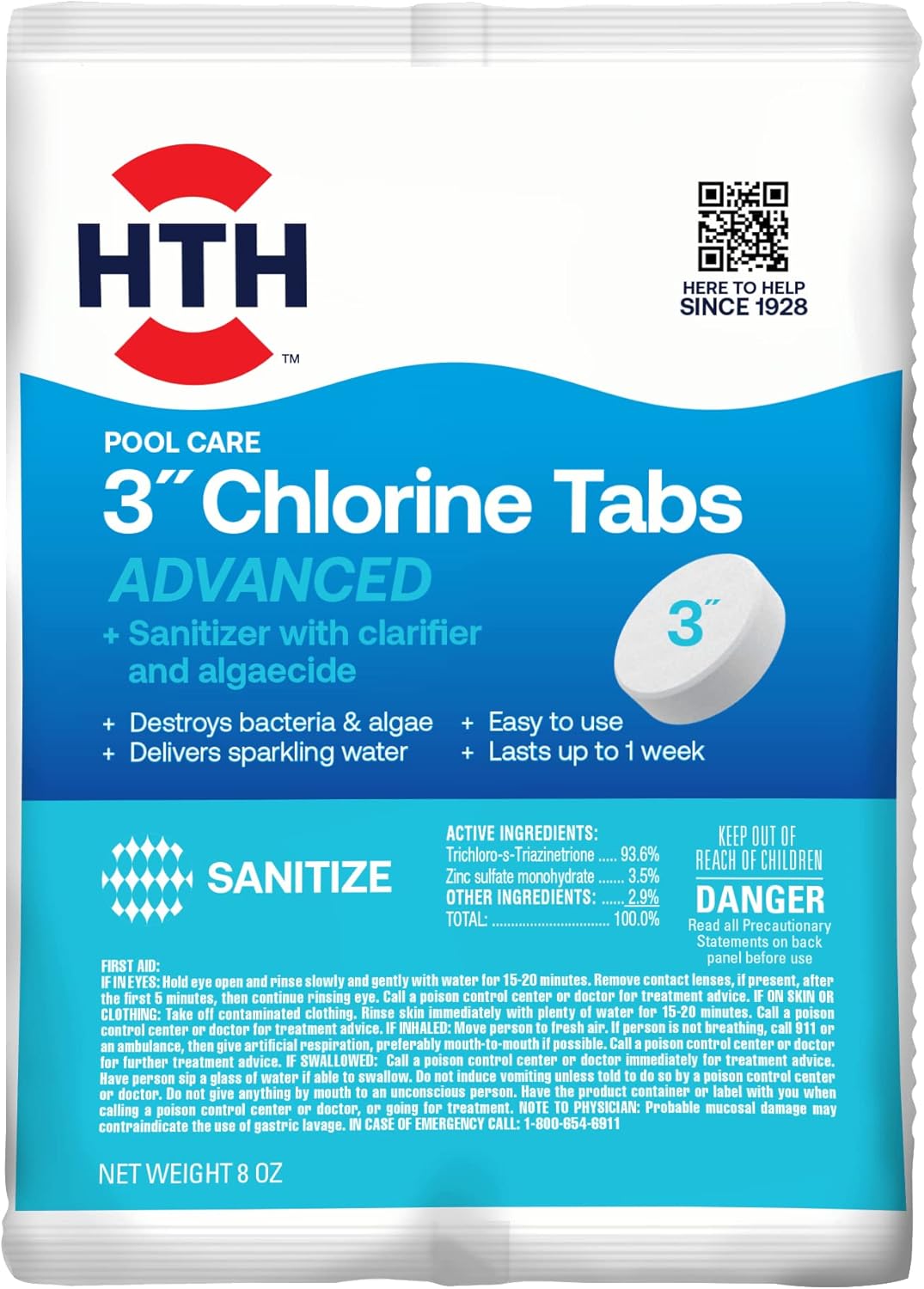 HTH 42051 Swimming Pool Care 3" Chlorine Tabs Advanced, Swimming Pool Chlorinating Sanitizer, 8oz
