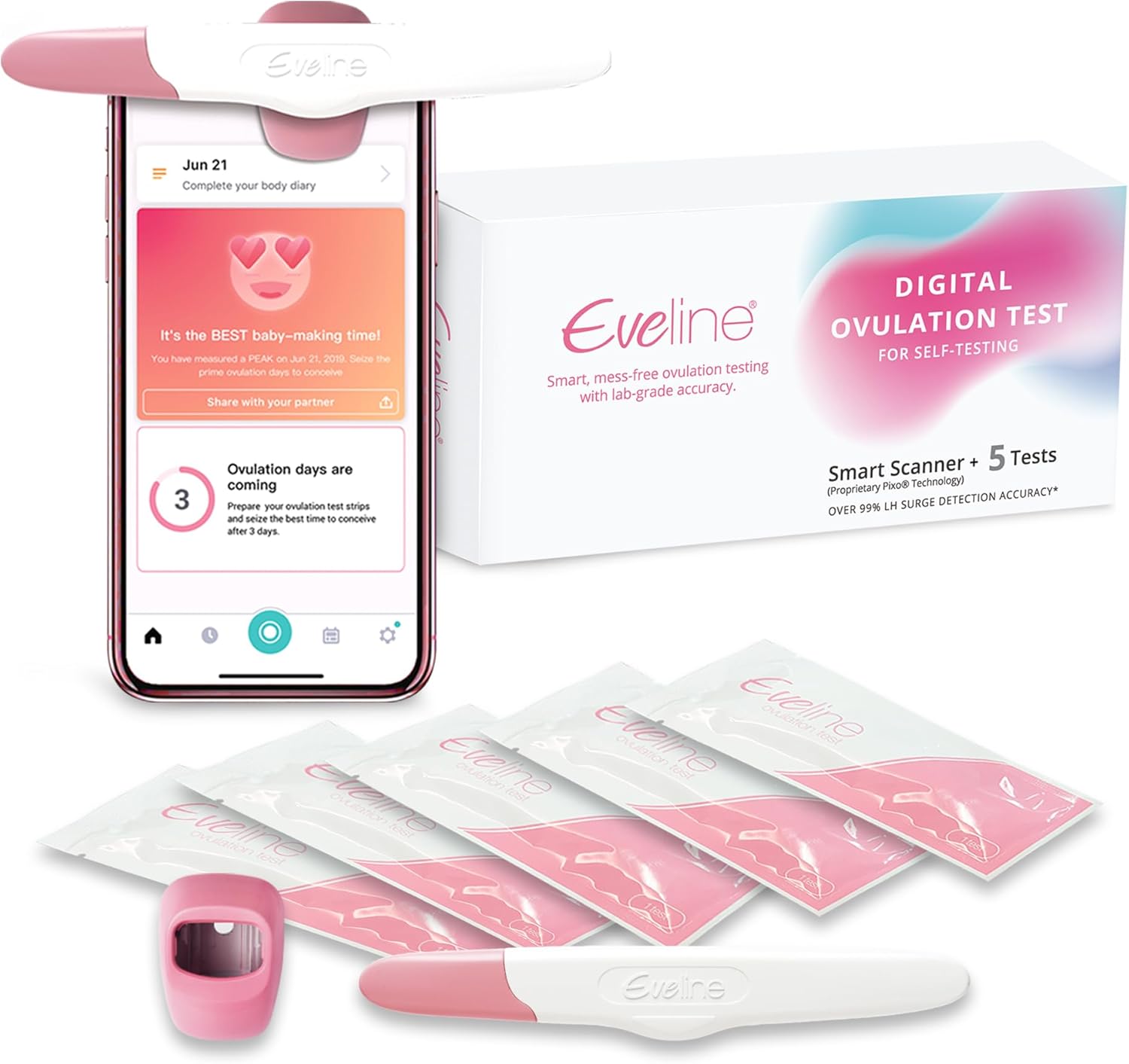 Eveline Digital Ovulation Test Predictor Kit - 5 Easy at Home Ovulation Test Strips with Smart Scanner for One Cycle, Digital Results on Eveline App, 99% Accuracy, FSA/HSA Eligible