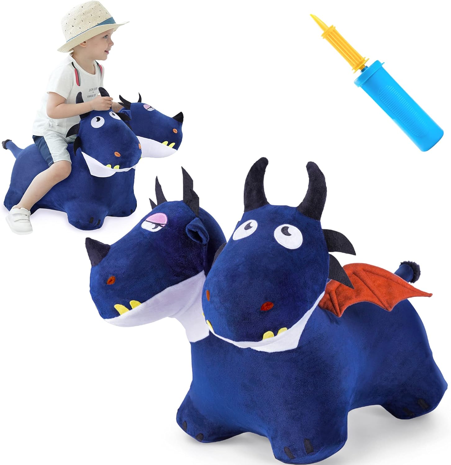 iPlay, iLearn Bouncy Pals Toddler Animal Hopper Toys, Kids Plush Blue Hopping Horse, Inflatable Ride on Dragon W/Pump, Indoor Outdoor Jumper, Birthday Gifts for 18 24 Month 2 3 4 Year Old Boy Girl