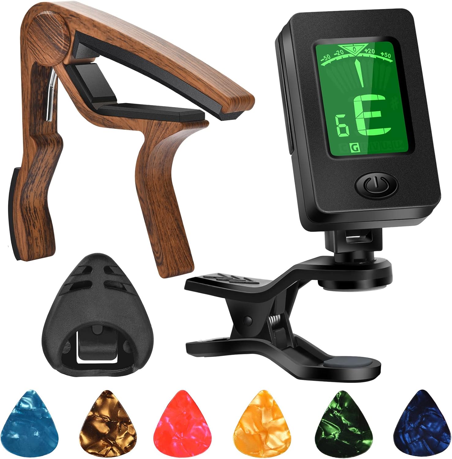 Guitar Capo, Guitar Picks, Guitar Accessories with Guitar Tuner, Capo for Acoustic Guitar, Bass, Buzzing-Free, Quick Release, Guitar Tuner Clip on for Guitar, Violin, Bass, Ukulele Chromatic, Rosewood